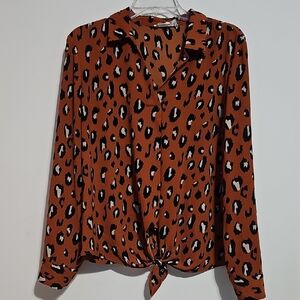 Pink Rose Animal Print Tie-Front Blouse Fall Size Large Vneck